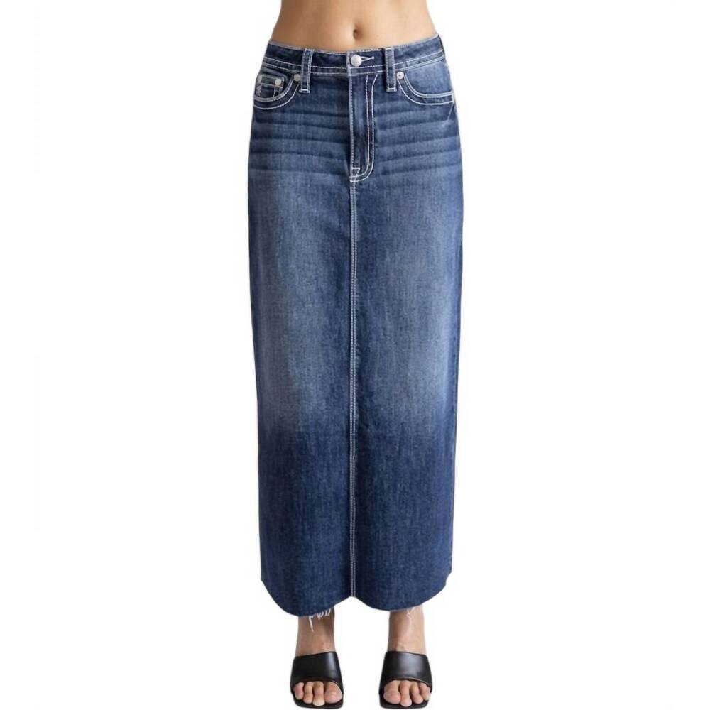NEW MISS ME mid rise maxi skirt in denim